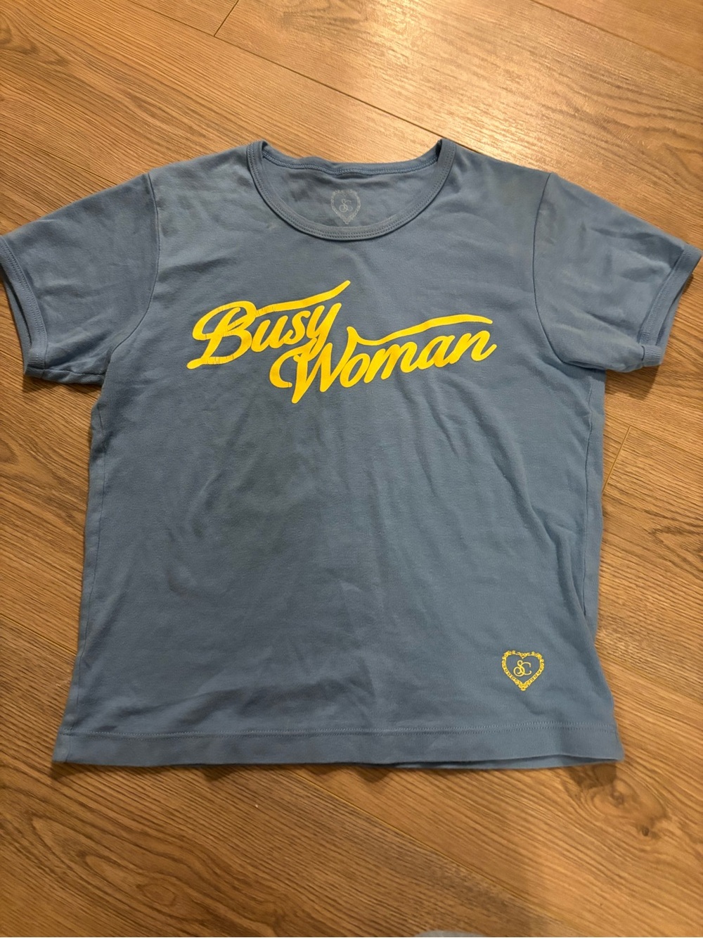 Busy Woman Short Sleeve Tee in Blue with Yellow Script